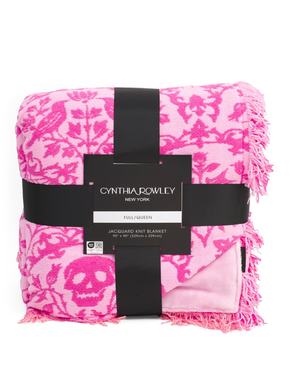 Pink Floral and Skulls Jacquard Throw with Tassels